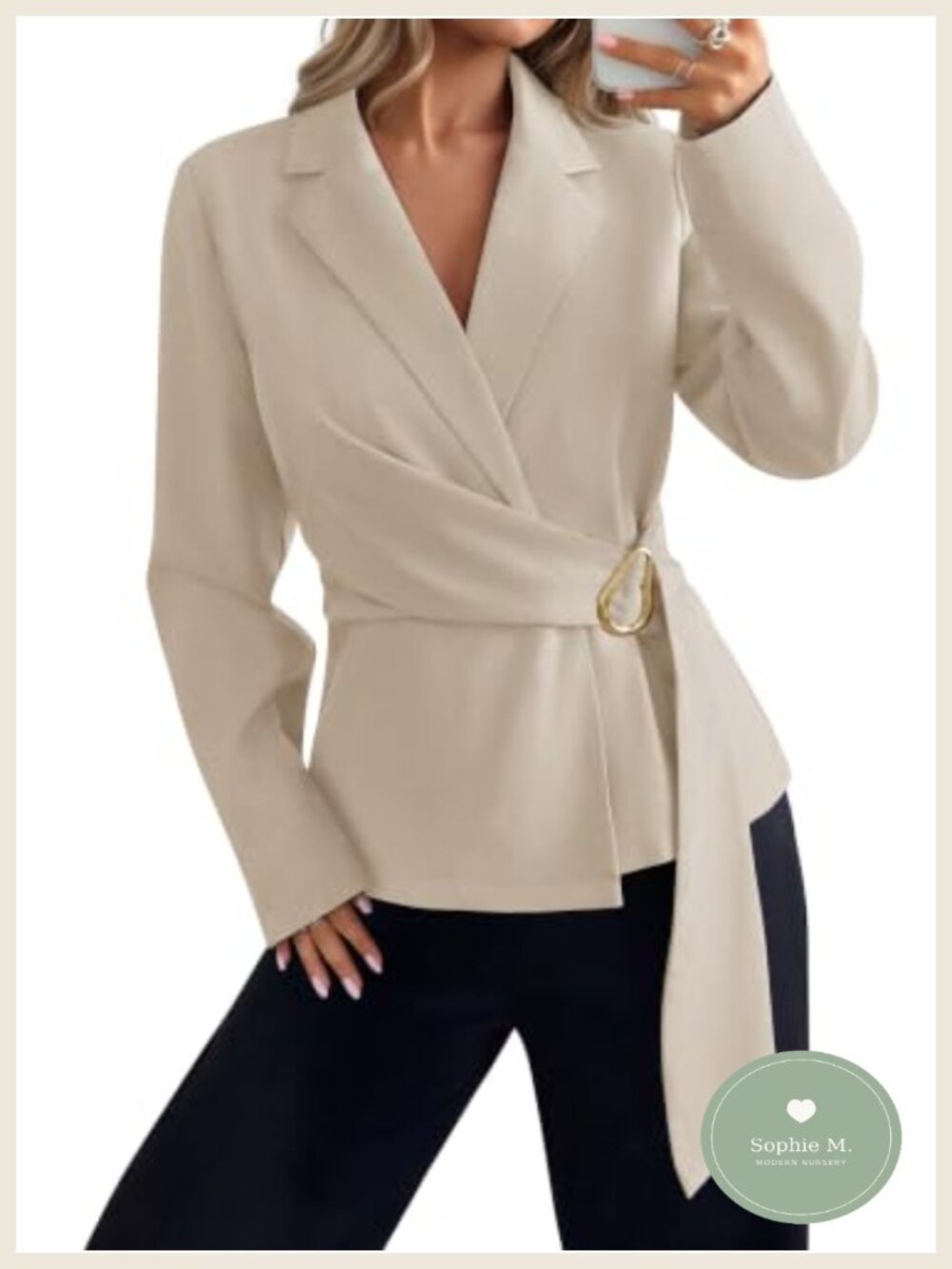 Wrap V-Neck Blazer for Women Notched Lapel Business Suit Jacket w/ Belt